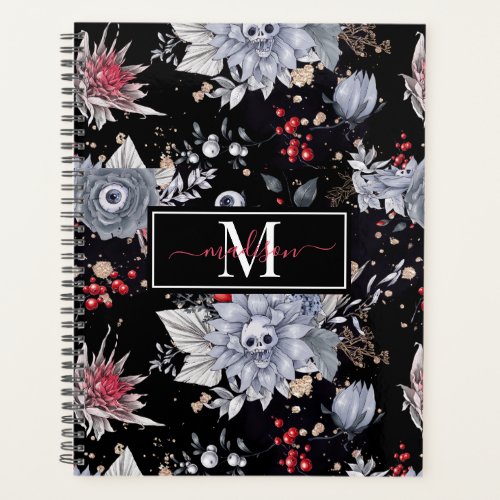 Elegant Skull Roses Silver Black  Planner