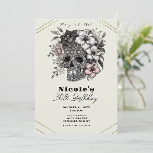 Elegant Skull With Exotic Flowers Birthday Party  Invitation