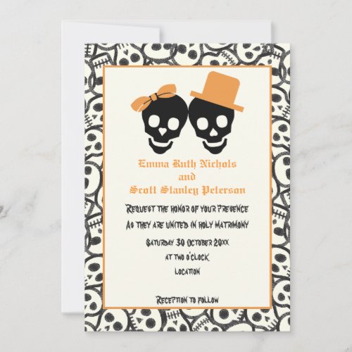 Elegant skulls Halloween orange wedding invitation
