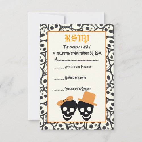 Elegant skulls Halloween orange wedding RSVP card