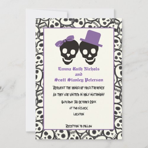 Elegant skulls Halloween purple wedding invitation