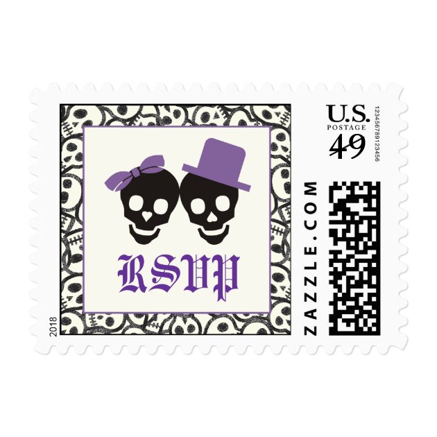 Elegant Skulls Halloween Purple Wedding RSVP Stamp