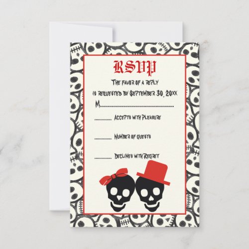 Elegant skulls Halloween red black wedding RSVP