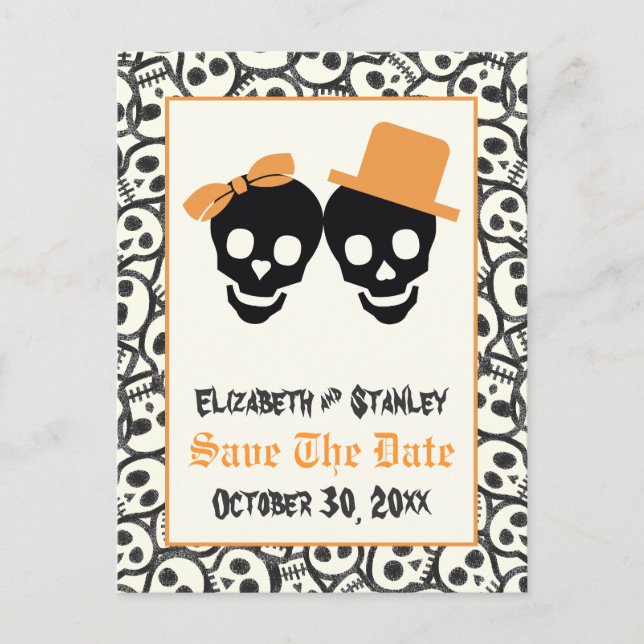Elegant skulls Halloween wedding Save the Date Announcement Postcard (Front)