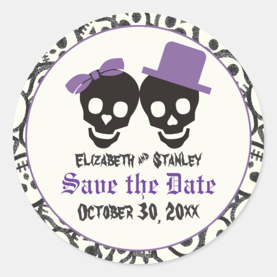 Elegant skulls Halloween wedding Save the Date Classic Round Sticker