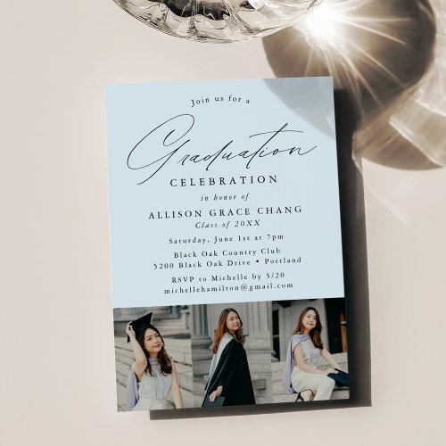 Elegant Sky Blue 3 Photo Graduation Party Invitation