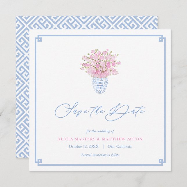 Elegant Sky Blue Ballet Pink Ginger Jar Wedding Save The Date (Front/Back)