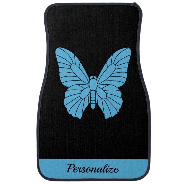 Elegant Sky Blue Butterfly on Black Personalized Car Floor Mat (Front)