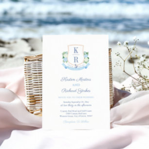 Elegant Sky Blue Coastal Monogram Crest Wedding Invitation