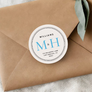 Elegant Sky Blue Couples Monogram Return Address Classic Round Sticker