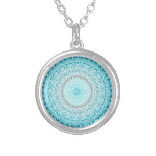 Elegant Sky Blue Crystal Mandala    Silver Plated Necklace