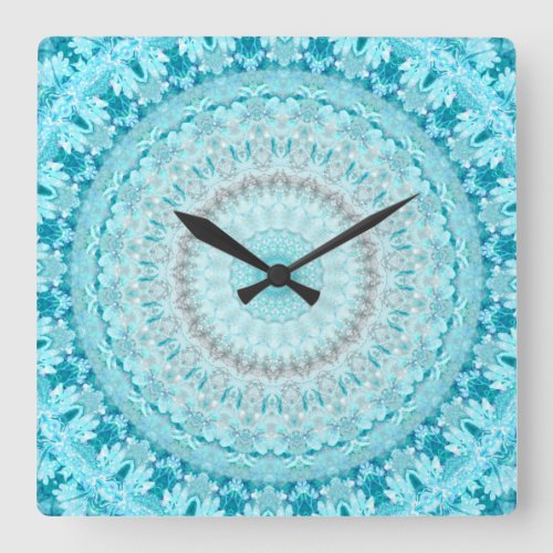 Elegant Sky Blue Crystal Mandala   Square Wall Clock