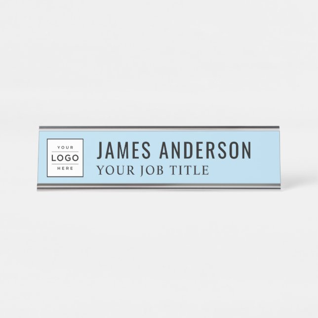 Elegant Sky Blue Logo Employee Desk Name Plate (Front)