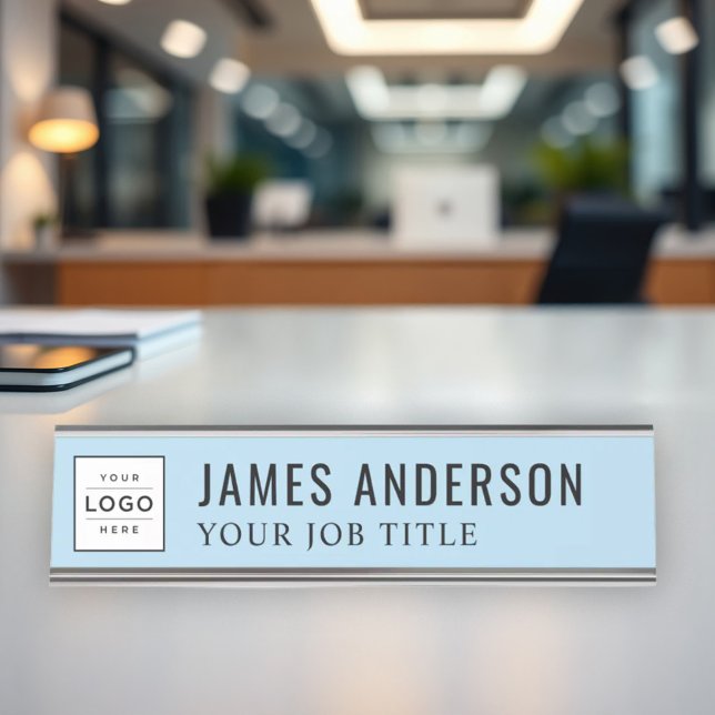 Elegant Sky Blue Logo Employee Desk Name Plate (Creator Uploaded)