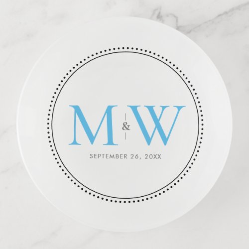 Elegant Sky Blue Monogram Wedding Date Trinket Tray