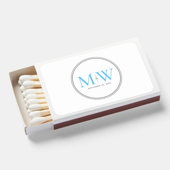 Elegant Sky Blue Monogram Wedding Matchboxes (Front Open)