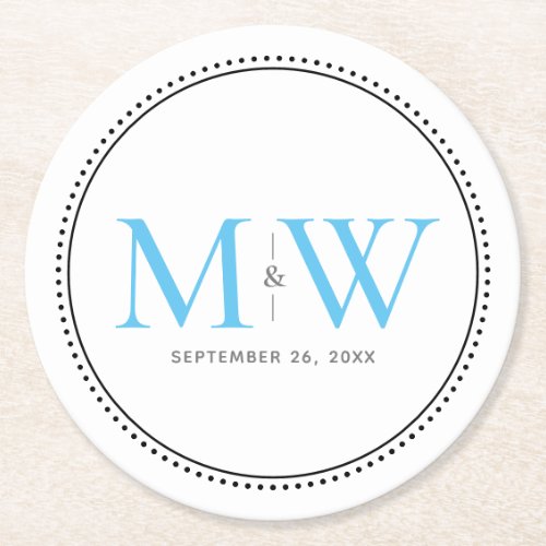 Elegant Sky Blue Monogram Wedding Round Paper Coaster