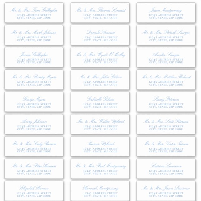 Elegant Sky Blue Script Guest Address Labels (Front)