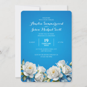 Elegant Sky Blue Watercolor White Roses Wedding Invitation