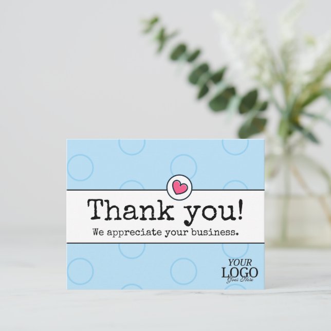 Elegant Sky Blue With Heart Business Thank You Postcard (Standing Front)