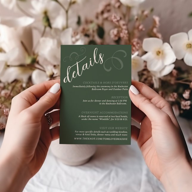 Elegant Slant Script Dark Green Wedding Details Enclosure Card (Elegant modern slant script  dark moss green and ivory wedding details enclosure insert card )