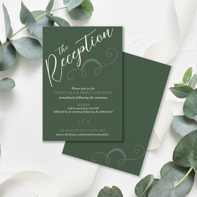Elegant Slant Script Dark Green Wedding Reception Enclosure Card (Elegant modern slant script  dark moss green and ivory wedding reception enclosure insert card )