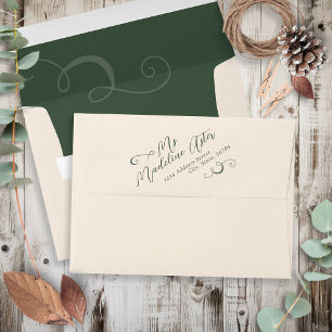 Elegant Slant Script Dark Moss Green Wedding Envelope