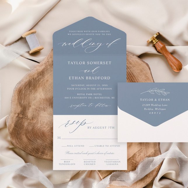 Elegant Slate Blue Calligraphy Script Wedding All In One Invitation (Creator Uploaded)
