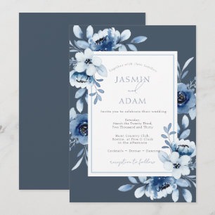 Elegant Slate Blue Floral Wedding Invitation