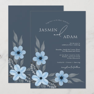 Elegant Slate Blue Floral Wedding Invitation
