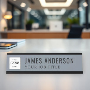 Elegant Slate Blue Gray Logo Employee Desk Name Plate