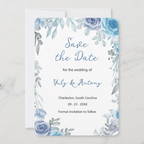 Elegant Slate Blue Watercolor Floral Garden Save The Date