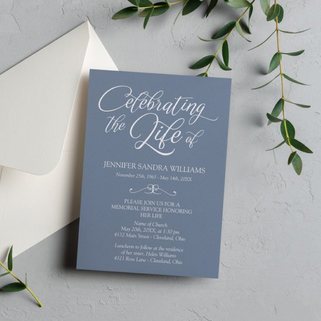 Elegant Slate Blue & White Celebration of Life Invitation (Creator Uploaded)
