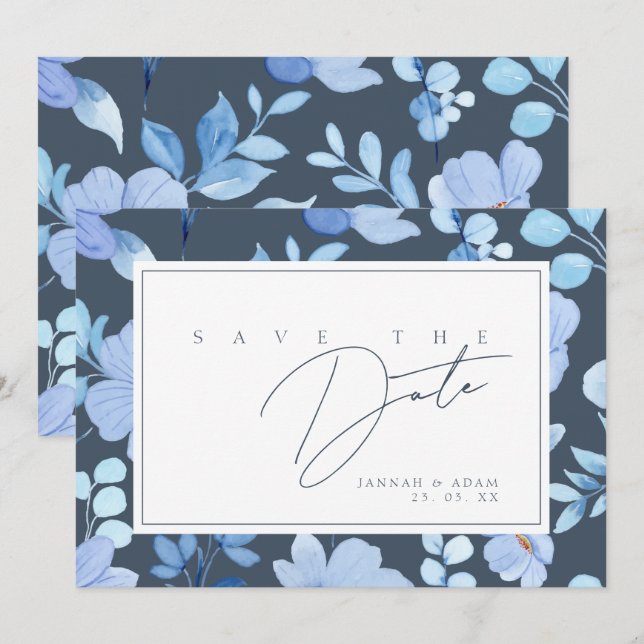 Elegant Slate Blue Wildflower Watercolor Save The Date (Front/Back)