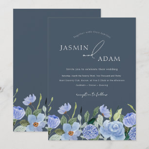 Elegant Slate Blue Wildflower Wedding Invitation