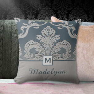 Elegant Slate Damask Monogram Design Throw Pillow
