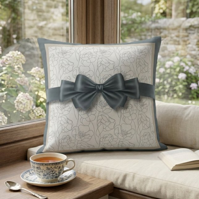 Elegant Slate Gray Modern Ribbon Motif Decorative Throw Pillow (Create a cozy reading nook with our modern ribbon motif pillow, perfect for a serene window seat.)