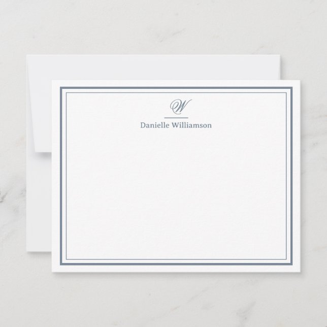 Elegant Slate Gray Monogram Double Border White Note Card (Front)