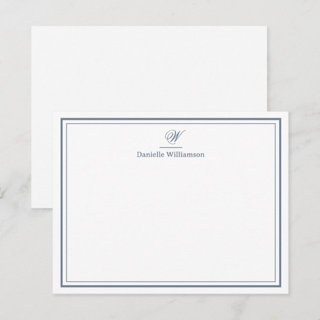 Elegant Slate Gray Monogram Double Border White Note Card (Front/Back)