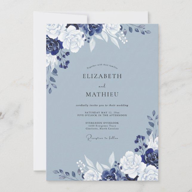 Elegant Slate Indigo Bloom Wedding Invitation (Front)