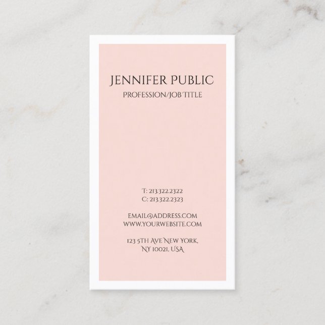Elegant Sleek Design Blush Pink White Trendy Plain Business Card (Front)