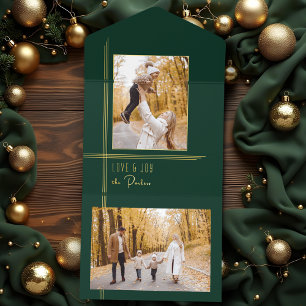 Elegant Sleek Green/Gold Modern Deco Foil Photo All In One Invitation