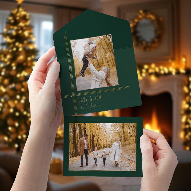 Elegant Sleek Green/Gold Modern Deco Style Photo All In One Invitation (Creator Uploaded)