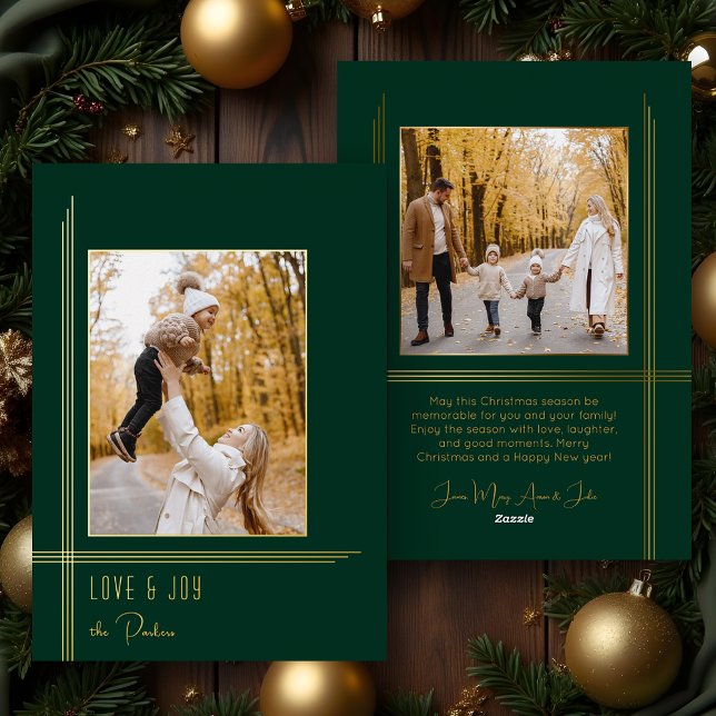 Elegant Sleek Green/Gold Modern Deco Style Photo Foil Holiday Card (Creator Uploaded)