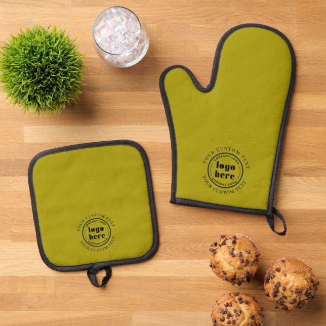Elegant Small Business Promotion Custom Green Oven Mitt & Pot Holder Set (Top Down)