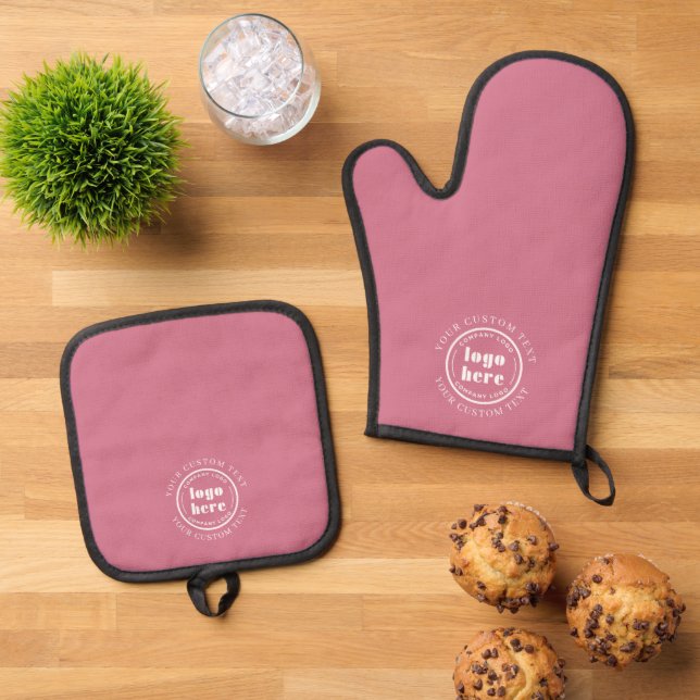 Elegant Small Business Promotion Custom Muted Pink Oven Mitt & Pot Holder Set (Top Down)