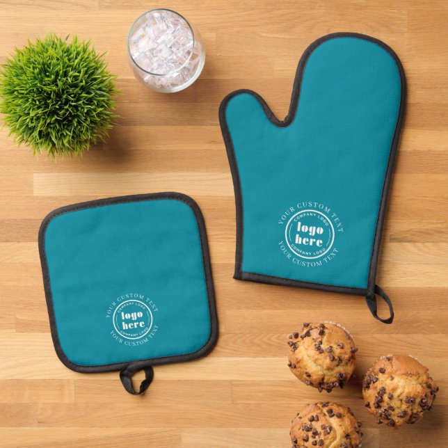 Elegant Small Business Promotion Custom Teal Blue Oven Mitt & Pot Holder Set (Top Down)