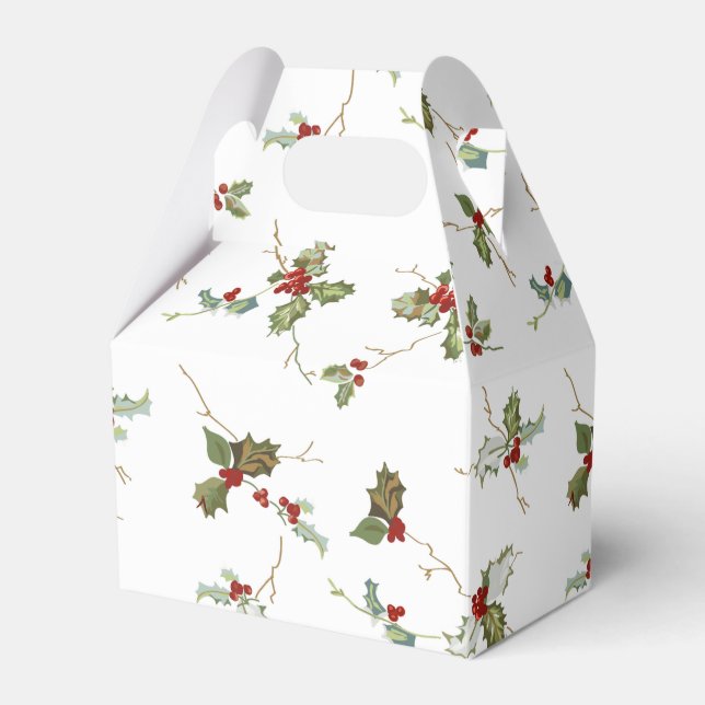 Elegant Small Christmas Holly on White Background Favor Boxes (Front Side)