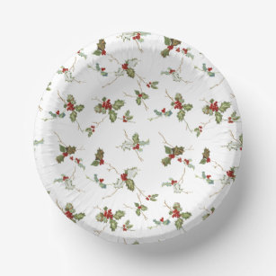 Elegant Small Christmas Holly on White Background Paper Bowls