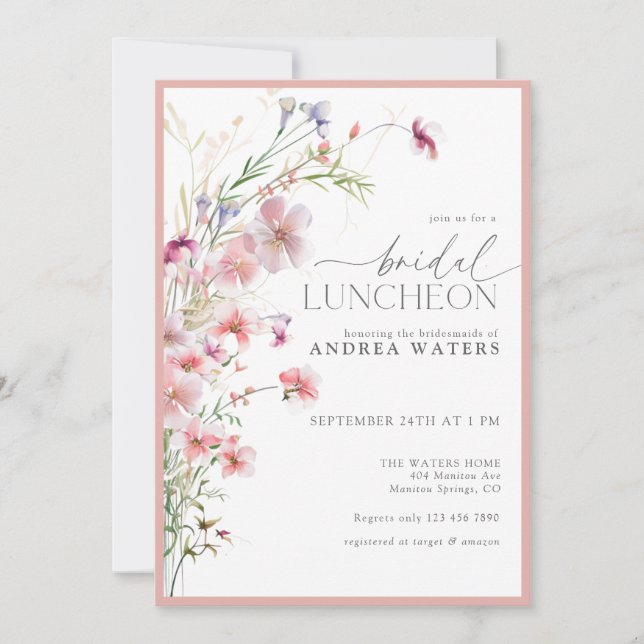 Elegant Small Pink Flowers Bridal Luncheon Invitation (Front)